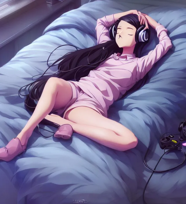 Prompt: full body portrait of a photorealistic anime girl, absurdly beautiful, gorgeous, youthful, smiling, eyes closed, listening to music on headphones, laying down on a bed, an ultrafine hyperdetailed illustration by loish, ross tran, ilya kuvshinov, intricate linework, ambient lighting, musical environment, global illumination, trending on pivix fanbox.