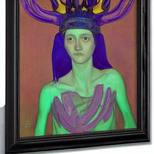 Prompt: the antler crown, by Annie Swynnerton and Nicholas Roerich and Diego Rivera, bioluminescent skin, elaborate costume, geometric ornament, symbolist, cool colors like blue and green and violet, smooth, sharp focus, extremely detailed