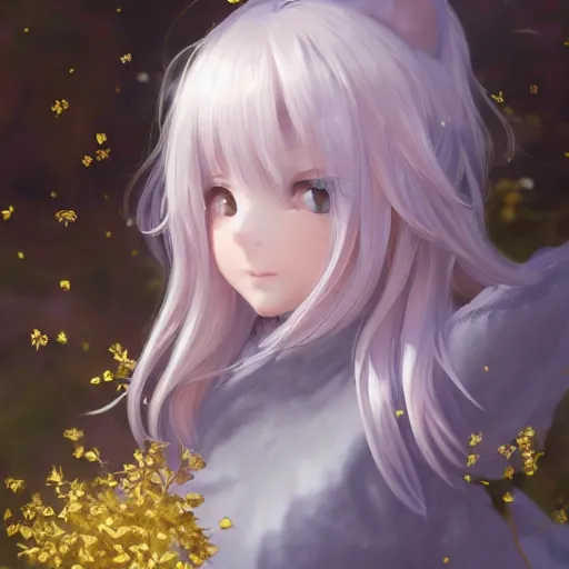 Image similar to very beautiful!!!!!! digital painting of a blushing silver-haired cat girl on golden background masterpiece!!!!!!, neko, maid, wlop, cinematic lighting, highly detailed, digital painting, artstation, concept art, smooth, sharp focus, illustration, art by Akihiko Yoshida, Greg Rutkowski and Alphonse Mucha 4k, 8k, ultra HD, render in octane