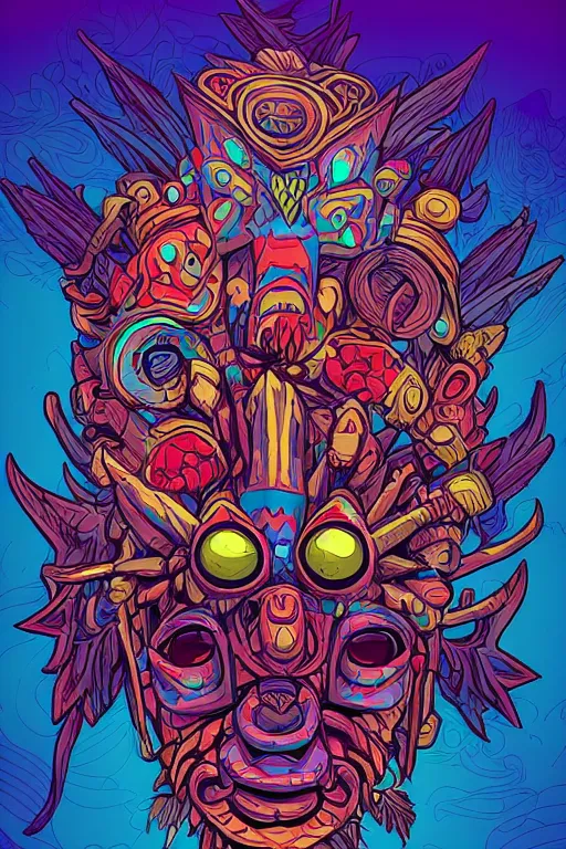 Image similar to totem animal mask tribal feather gemstone plant wood rock shaman vodoo video game vector illustration vivid multicolor borderlands comics by josan gonzales and dan mumford radiating a glowing aura