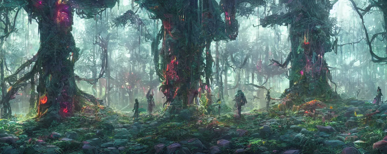 Image similar to detailed concept art illustration colorful pastel painting of a lowpoly sci-fi fantasy forest in full intricate detail, ultra detailed, digital art, octane render, 4K, dystopian, micro details