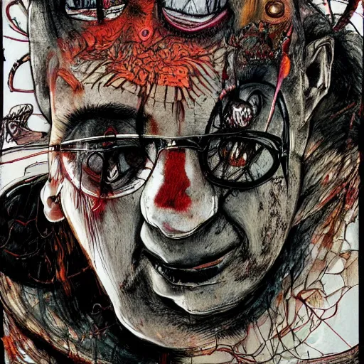 Image similar to Graphic Illustration, Creative Design, Good vs Evil, Biopunk, Body horror, by Ralph Steadman, Francis Bacon, Hunter S Thompson