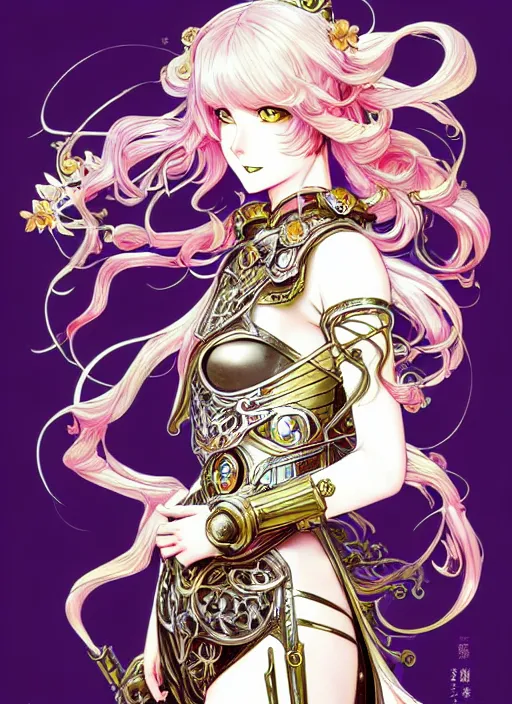 Image similar to exquisite imaginative fate manga poster of princess mechine, long curl hair, art nouveau, armor, ruffles, fluorescent, illustration, artstation, dark fantastic, highly detailed, 8 k, maximalist, by katsuhiro otomo, shigenori soejima, minaba hideo, jump comics