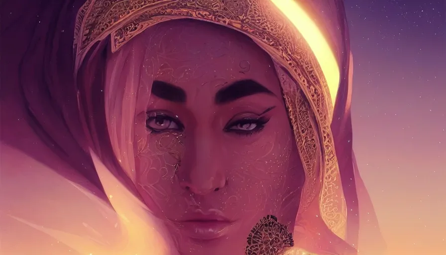 Image similar to Portrait of very very very very very very beautiful Arab woman wearing a Niqab, glowing magical eyes, energy trails, under giant full moon in the desert, intricate, elegant, highly detailed, digital painting, artstation, concept art, smooth, sharp focus, illustration, art by artgerm and greg rutkowski and alphonse mucha