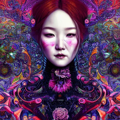 Prompt: portrait of park min young, hyper detailed masterpiece, neon floral pattern, jean giraud, digital art painting, darkwave goth aesthetic, psychedelic, artgerm, donato giancola and tom bagshaw