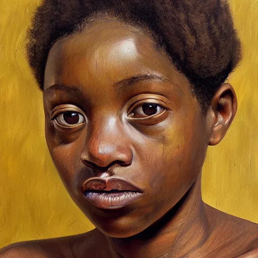 Prompt: high quality high detail painting by lucian freud, hd, portrait of a black girl, photorealistic lighting