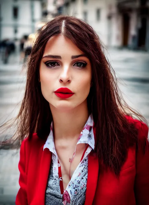 Prompt: close up portrait of beautiful Italian woman, red clothes, well-groomed model, candid street portrait award winning