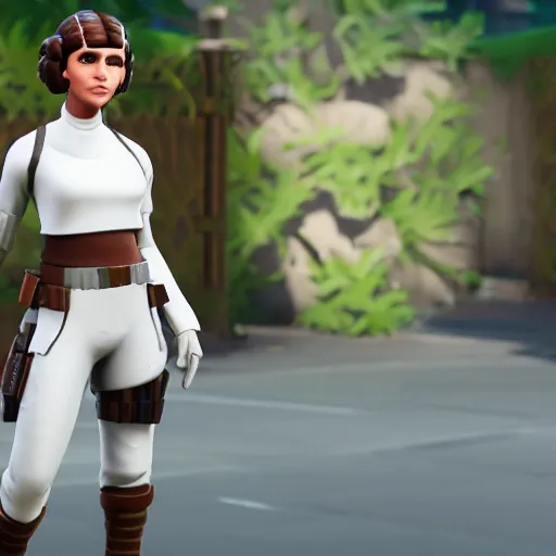 Prompt: princess leia in fortnite, character render, full body shot, highly detailed, in game render