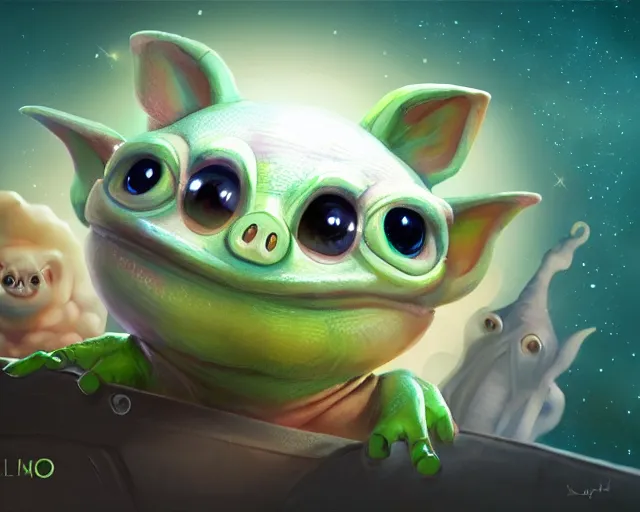 Image similar to 3D Fantasy Cute and adorable small alien piggy in space, huge adorable eyes, bright stars, Smooth 3D Illustration, soft render, Servando Lupini, Daniil Kudriavtsev, handpaint texture, Blender, 3DCoat