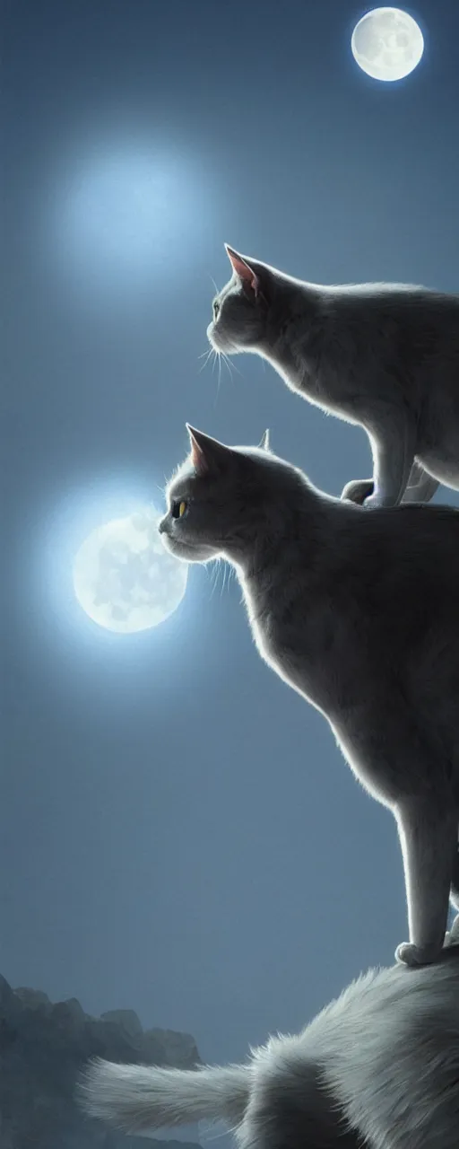 Prompt: a grey cat with blue eyes looks at the moon, volumetric lighting, glowing lights, 4k, octane, digital painting, artstation, concept art, sharp focus, illustration, cinematic film still, art by artgerm and greg rutkowski and alphonse mucha , wide angle view,