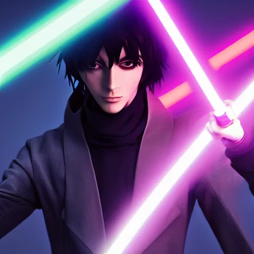 Prompt: eccentric Lelouch Lamperouge holding a lightsaber, mysterious man, octane 8k, aesthetic cyberpunk, lightsaber duel, 2022, beautiful reflections, octane render, purple lightsaber