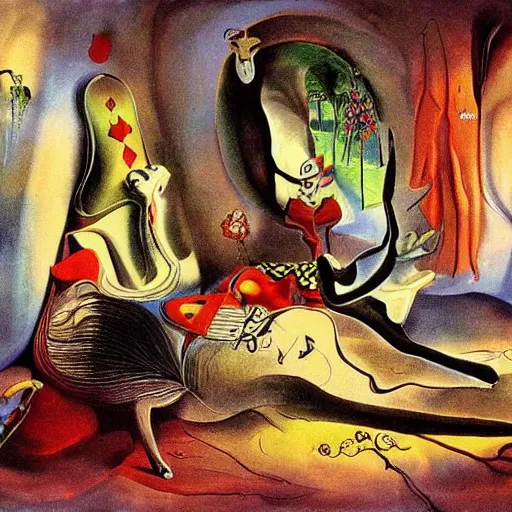 Image similar to Alice in Wonderland, painted by Salvador Dali