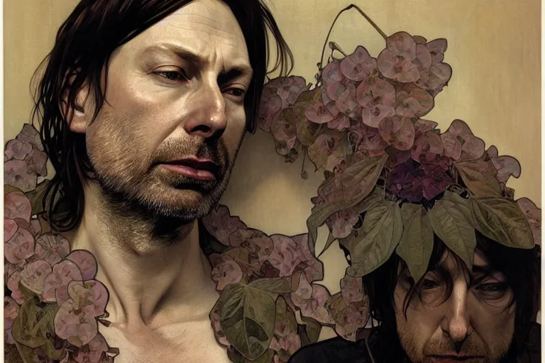 Image similar to hyper realistic portrait of radiohead singer frontman, by lee bermejo, alphonse mucha and greg rutkowski