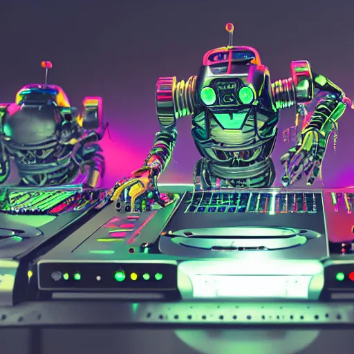 Prompt: album art, name is roborock, 3 steampunk futuristic robots on a dj desk with a cd mixer, 8 k, flourescent colors, halluzinogenic, multicolored, exaggerated detailed, front shot, 3 d render, octane