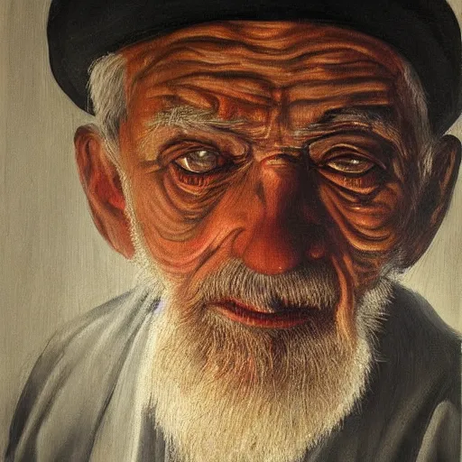Image similar to a scary painting of a sad old man