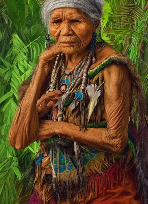 Image similar to a beautiful painting portrait of a very old indigenous grand-mother in the amazon jungle, matte painting, fantasy art, ayahuasca, highly detailed