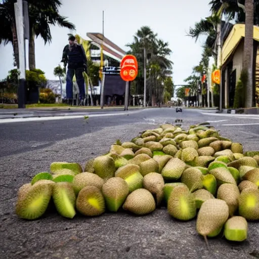 Prompt: the boulevard of broken dreams. The people have kiwifruit instead of heads