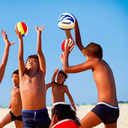 Image similar to a group ok kids playing beach volley with their heads, extremely photorealistic, hyper detailed, canon eos - 1 d x mark iii, 3 0 0 mm