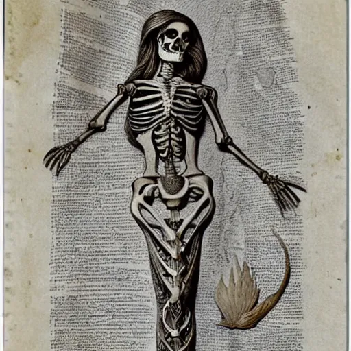 Prompt: anatomically correct skeleton of a mermaid, encyclopedia graving, very detailed, intricate, paper texture