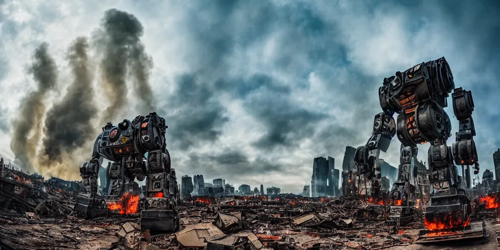 Prompt: wide angle photo, 1 8 mm canon 5 d mark 3, f 1 8, of a scary giant, metal machine pig robot : : 1. 5 looming huge over the buildings of a city on fire that is destroied, in the film style of a hollywood summer blockbuster movie