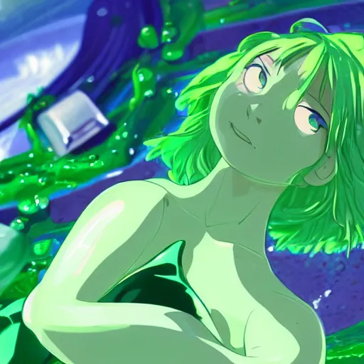 Image similar to a beautiful green slimegirl woman emerging from the center of a pool of slime in a bright white hallways, anime key visual