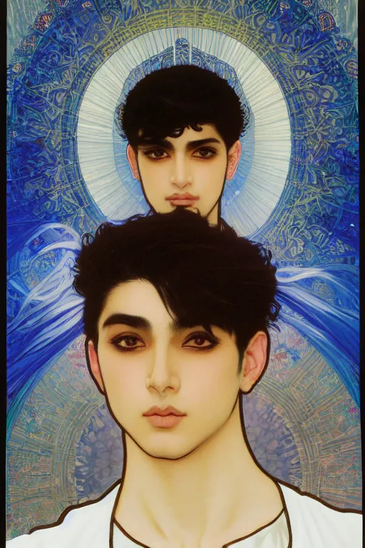 Image similar to beautiful medium shot portrait of a young arabic man inspired by ayami kojima with short hair dressed with a white t - shirt looking into the camera from three - quarters, white background white bank studio light, art by yoshitaka amano, alfons mucha and shingo tamagawa, 8 k