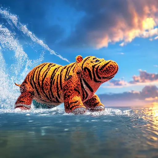 Image similar to a closeup photorealistic photograph of a cute smiling knitted tiger hippopotamus splashing towards a beachball at sunset. surf in background. professional capture. brightly lit scene. this 4 k hd image is trending on artstation, featured on behance, well - rendered, extra crisp, features intricate detail, epic composition and the style of unreal engine.