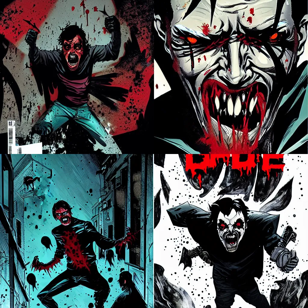 Prompt: Rafael Albuquerque comic art cover art, scary vampire with red eyes and open mouth and sharp teeth, attacking and eating a person, ripping them apart with long sharp fingers long nails, horror, grotesque, fighting aggression, snow in an alleyway