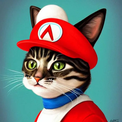 Image similar to Portrait of a Cat dressed as Super Mario, Mario hat, kawaii aesthetic, nintendo, highly detailed, digital painting, artstation, concept art, smooth, sharp focus, illustration, art by artgerm and greg rutkowski and alphonse mucha