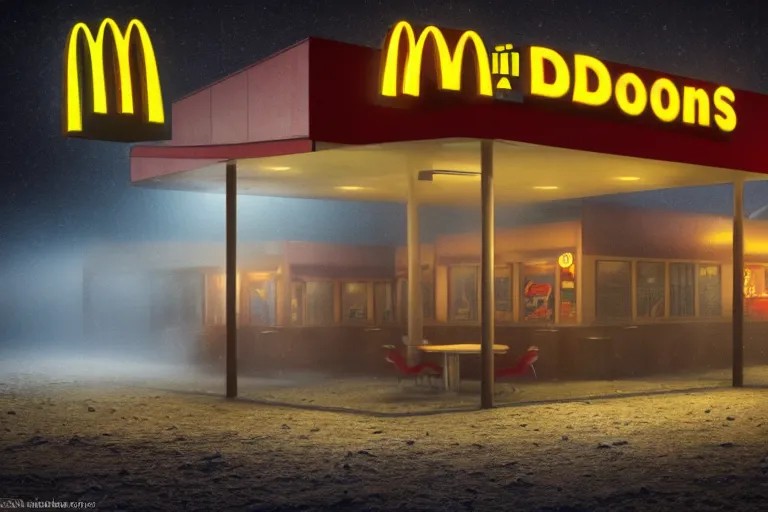 Prompt: a highly detailed cinematic photograph of a mc donalds restaurant completely isolated on the north pole in the mist, some zombies want to eat, ultra realistic, depth, beautiful lighting, by annie leibovitz, hasselblad, 1 0 0 mm, bokeh, photorealistic, hyperrealistic, octane, masterpiece