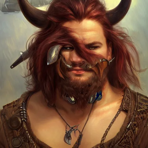 Image similar to portrait of a boar pirate with tusks, male, handsome, masculine, full body, red hair, long hair, soft hair, fantasy, intricate, elegant, highly detailed, steampunk, airship, digital painting, artstation, concept art, character art, smooth, sharp focus, illustration, art by artgerm and greg rutkowski and alphonse mucha