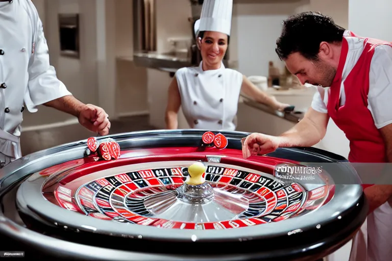 Prompt: italian chef taking a bath on a roulette table, fisher - price scene from tv show photography