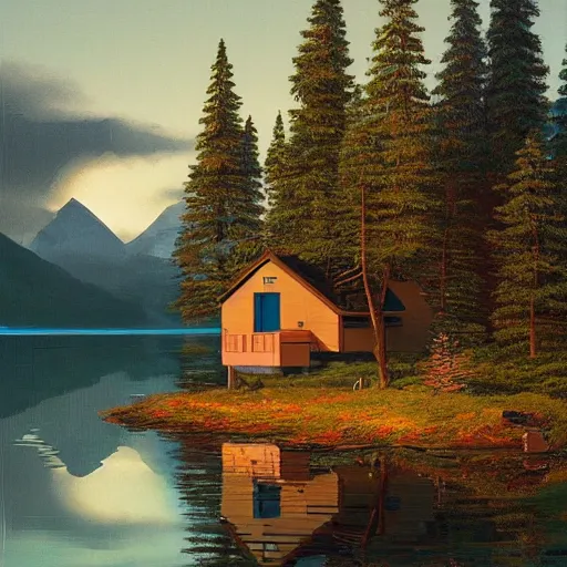 Image similar to small robot cottage at the edge of a lake in the mountains, painterly painting by james gueney and beeple, soft glowing windows, early evening, reflections, pine trees, detailed, outlined