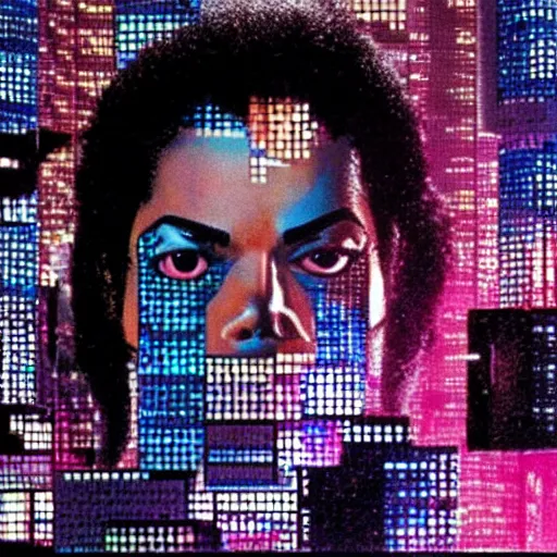 Image similar to Michael Jackson in a cyberpunk world reflecting at everyones mind