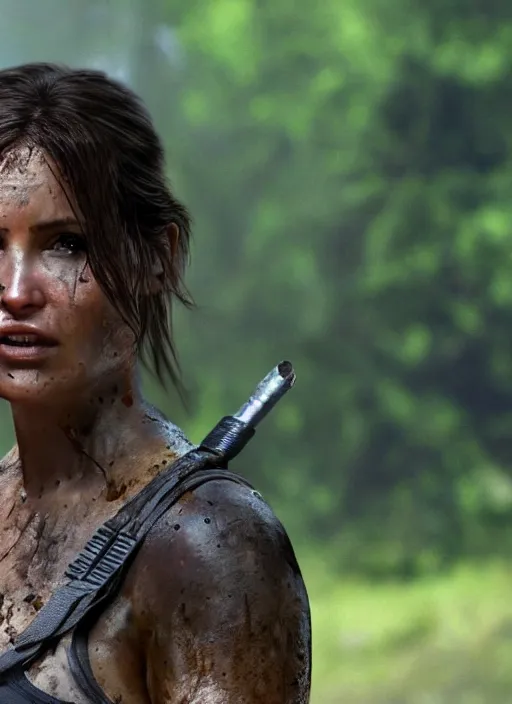 Prompt: a film still of lara croft as cop, her face muddy and sweat, direct sun light, close up potrait, cinematic, subsurface scattering