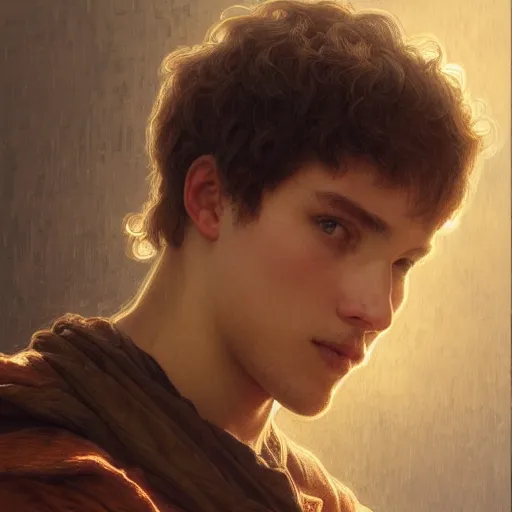 Prompt: Portrait of handsome peasant boy, cinematic lighting, intricate, rugged, highly detailed, digital painting, artstation, smooth, sharp focus, illustration, art by artgerm and greg rutkowski and alphonse mucha and Wayne Barlowe and william-adolphe bouguereau