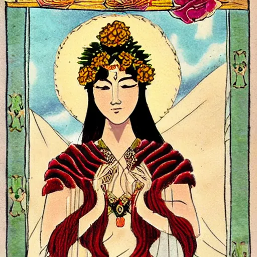 Image similar to goddess named urualu, she rules over love and marriage. her symbols are roses and doves.