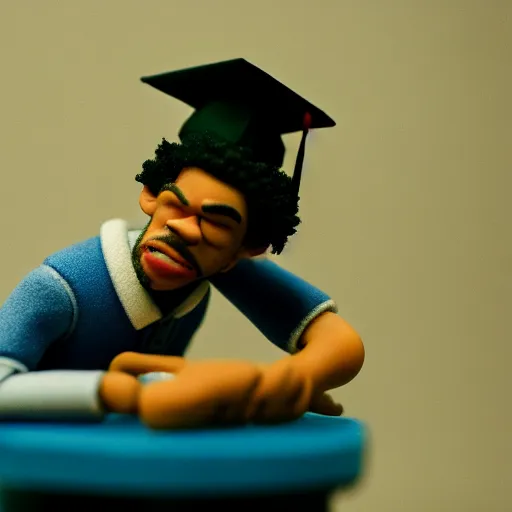 Image similar to a cinematic film still of a claymation stop motion film starring chance the rapper as a college student, shallow depth of field, 8 0 mm, f 1. 8