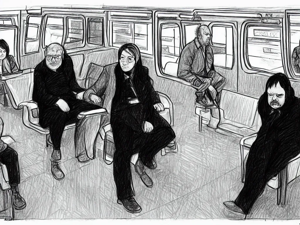 Prompt: a drawing by Jaime Hernandez, a low angle medium shot of two people sitting in an empty Chicago subway train, in front of windows: a sad Aubrey Plaza wearing a winter coat and a man who looks like a mix of (Louis CK and Philip Seymour Hoffman) in a suit