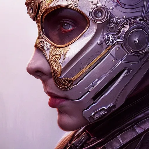 Image similar to Very very very very highly detailed epic photo of face with venetian mask, intricate, dystopian, sci-fi, extremely detailed, digital painting, artstation, concept art, smooth, sharp focus, illustration, intimidating lighting, incredible art by Artgerm and Vincent di Fate