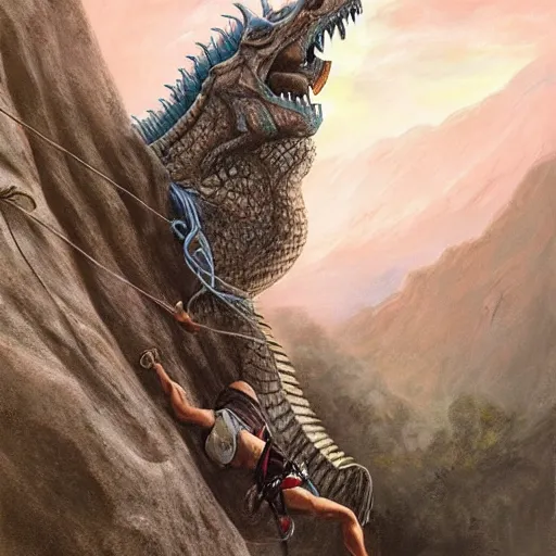 Prompt: rock climber climbing a giant ancient dragons skull, very detailed, fantasy art, dungeons and dragons, belaying, ropes, landscape, cover of national geographic