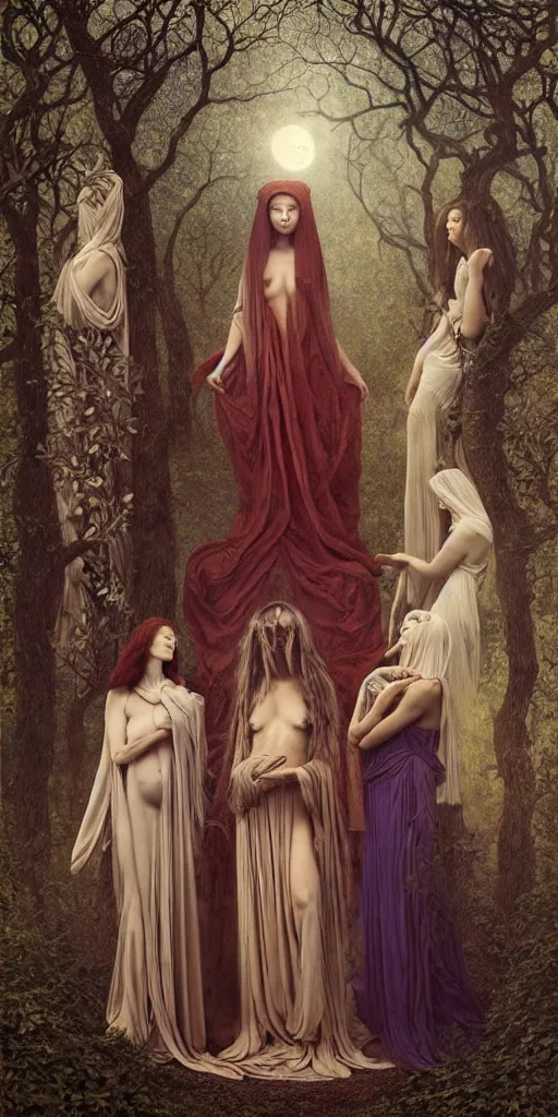 Image similar to the three fates, forest, moonlight, gemma chen, madison beer, angela sarafyan, pinup, intricate beautiful faces, surrealistic painting by agostino arrivabene, vanessa beecroft, anka zhuravleva, mary jane ansell, peter mohbacher, gerald brom