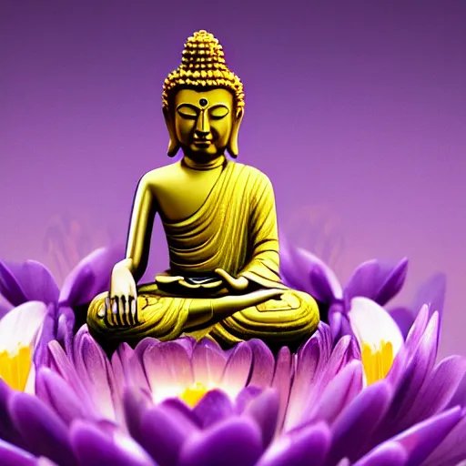 Image similar to The Buddha sitting on a purple Lotus Flower, Buddhist Art, Depth of Field, 4k resolution