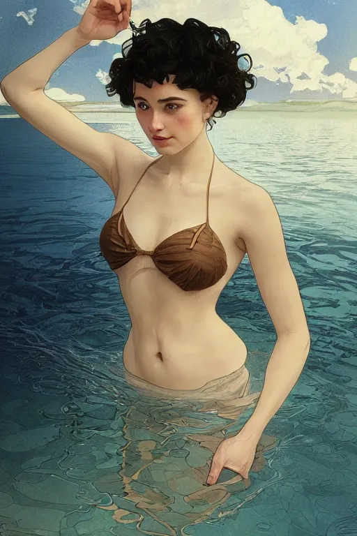 Image similar to beautiful cottagecore of a girl with short black curly hair, round face, cute face, wearing a bikini. Inside the water at a lake. intricate, elegant. highly detailed, digital painting, artstation, concept art, smooth, sharp, focus, illustration. art by artgerm and greg rutkowski alphonse mucha and Marat Safin