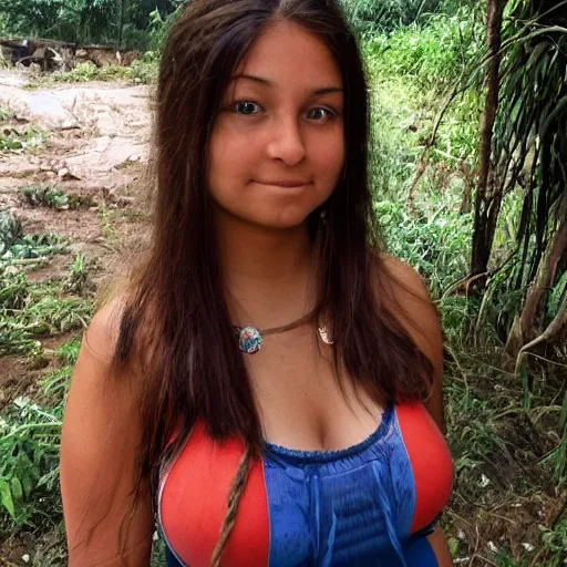 Image similar to a short but curvaceous El Salvadorian woman names Sarah with long brown hair and brown eyes. Her face had complex deep intriguing patterns shamanic her face