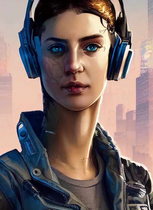 Image similar to Feminist Sara. Gorgeous female cyberpunk hacker wearing a cyberpunk headset, military vest, and pilot jumpsuit. gorgeous face. Realistic Proportions. Concept art by James Gurney and Laurie Greasley. Moody Industrial skyline. ArtstationHQ. Creative character design for cyberpunk 2077.