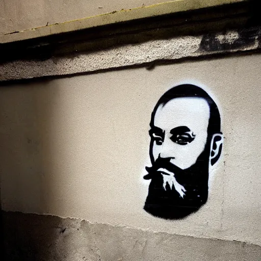 Image similar to banksy bearded graffiti, real life, sharp focus