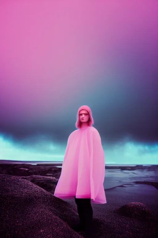 Image similar to high quality pastel coloured film close up wide angle photograph of a model wearing clothing swimming on cloud furniture in a icelandic black rock!! environment in a partially haze filled dreamstate world. three point light, rainbow. photographic production. art directed. pastel colours. volumetric clouds. pastel gradient overlay. waves glitch artefacts. extreme facial clarity. 8 k. filmic.