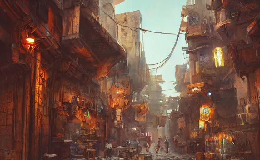 Prompt: cyberpunk medieval middle east alleyway, arabic, persian, dawn, market, little spice shops, technology, bazaar, steam punk, unreal engine 5, trending on art station, in the style of Pixar