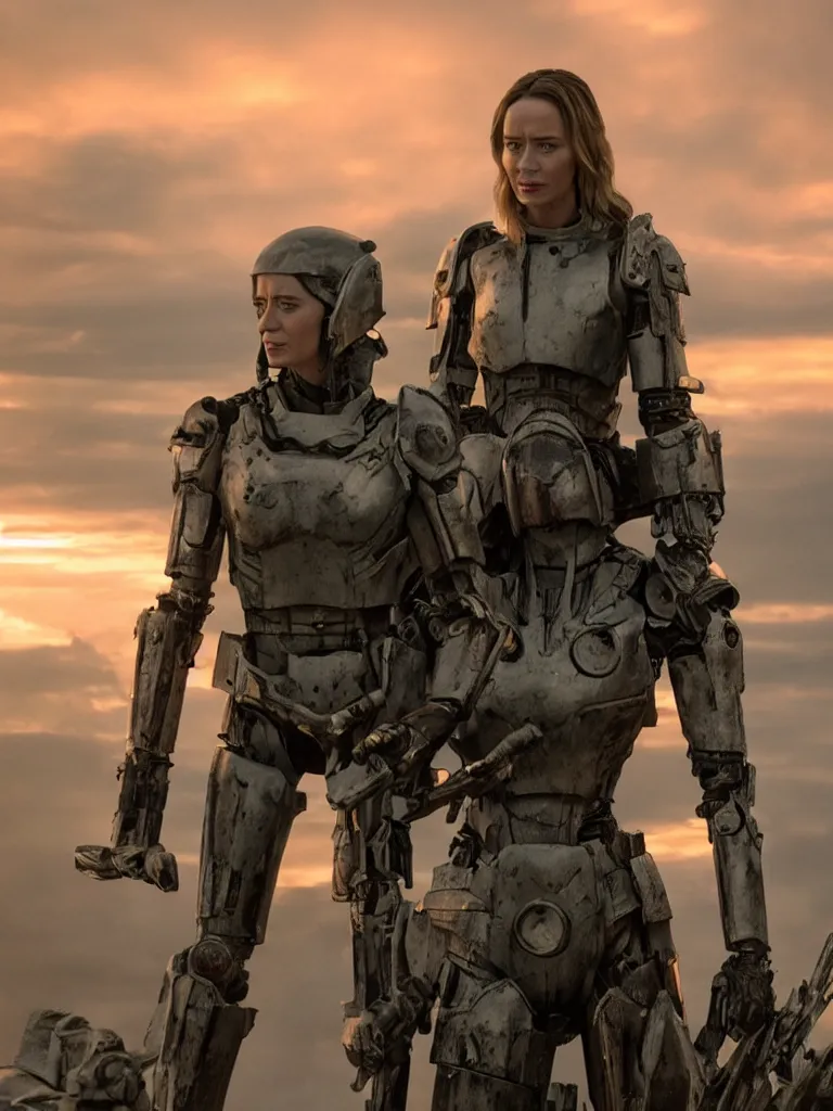 Prompt: emily blunt in futuristic power armor, standing atop a hill, holding a sword, edge of tomorrow, angel of verdun, sunset